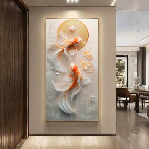 锦鲤现代竖版轻奢装饰画好运高级道感过临门led挂画玄关灯画走廊
