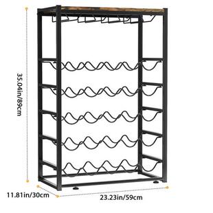 立式酒架可容纳25瓶和12个酒杯5层带金属框架和木质桌面黑色