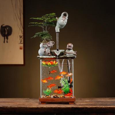 创意悬壶小型玻璃鱼缸增氧流水器生财招财摆件电视柜办公室内客厅
