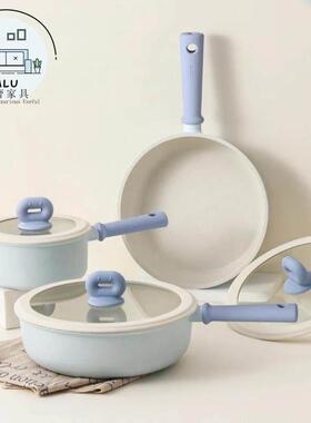 MLU不沾锅厨具套组全套家用副食品锅奶锅平底锅具套装炒锅三件套
