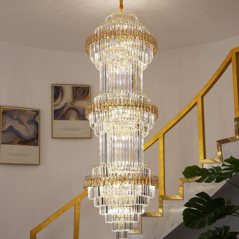 别墅厅奢水晶大吊灯WGQ酒客店轻大式堂吊灯复楼中楼旋转楼梯长吊