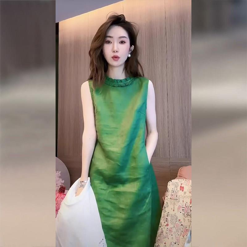欧洲站绿色无袖棉麻亚麻洋装女夏季2026新款超好看法式茶歇裙子