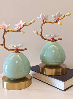 新中式创意珐琅彩玉兰花陶瓷摆件样板间售楼处客厅办公室软装饰品