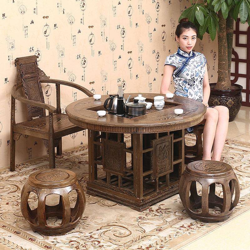 鸡翅木圆形茶桌小户型阳台功夫茶几实木茶台桌椅组合中式红木家具