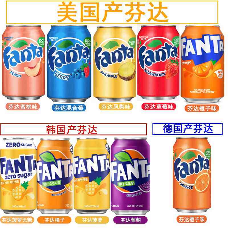 正品促销美国进口芬达汽水橙味葡萄味蜜桃菠萝混合莓草莓碳酸饮料