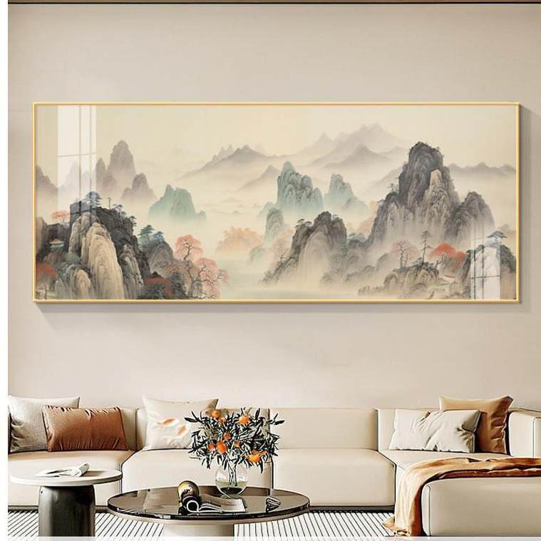 水墨山水画办公室西墙客厅挂画新中式沙发背景墙壁画靠山图一整幅