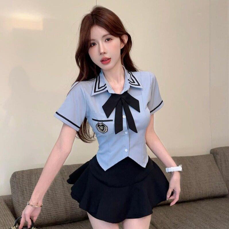 学院风辣妹制服两件式套装女减龄海军风短袖衬衫+蛋糕裙字裙裤