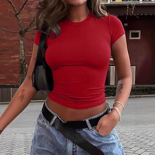 Women's Plain Round Neck Crop Tee