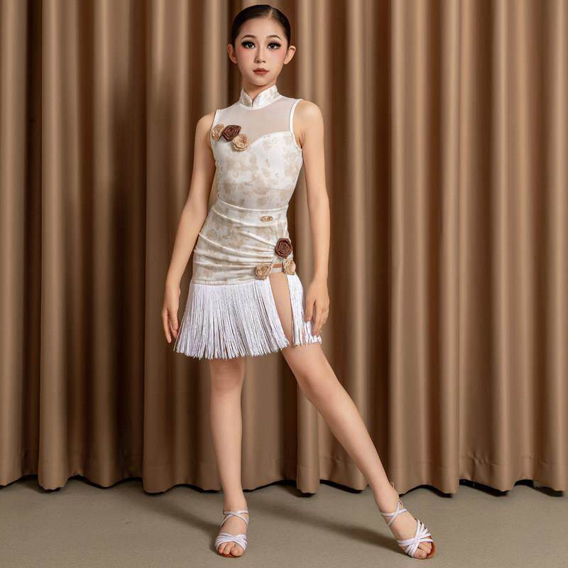 高级感幼儿拉丁舞服女童夏季无袖中国风旗袍款流苏裙演出服练习服