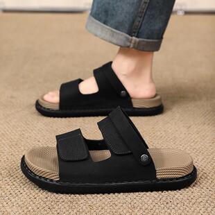 潮牌亚麻拖鞋男款夏季外穿防滑防臭厚底编织开 车两用休闲 沙滩凉