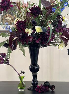 Vinage中古XCS法高式黑色脚杯t玻璃花款器花瓶高家居装饰