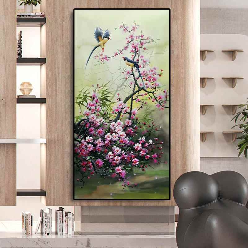新中式梅花卉纯手绘油画喜上眉梢客厅餐厅装饰画风景玄关楼梯挂画图片