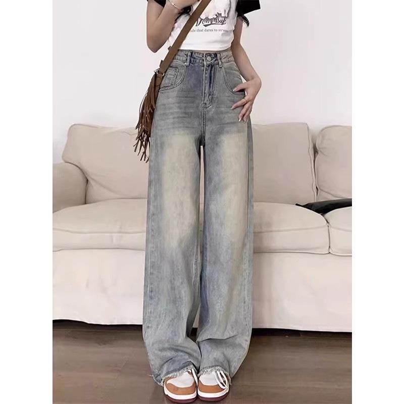 浅蓝色水洗做旧宽松直筒牛仔裤女秋季新款高腰显瘦垂感毛边拖地裤