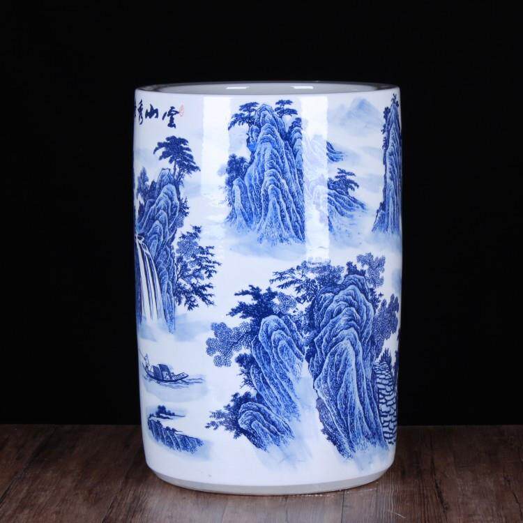 景德镇陶瓷书画筒 釉下彩青花山水陶瓷箭筒 雨伞筒 卷轴画缸
