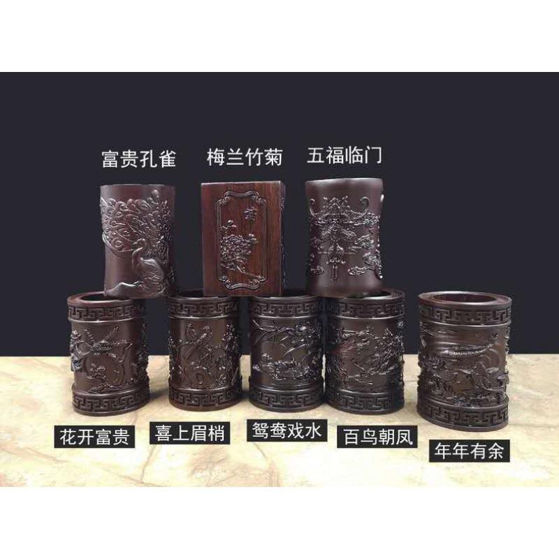厂家直供精雕非洲黑檀木质雕刻笔筒 多样式品种文房用品量大从优
