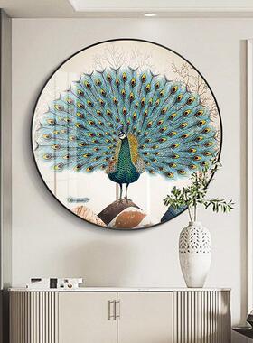 孔雀开屏新中式圆形客厅入户玄关装饰画现代简约餐厅壁画走廊挂画