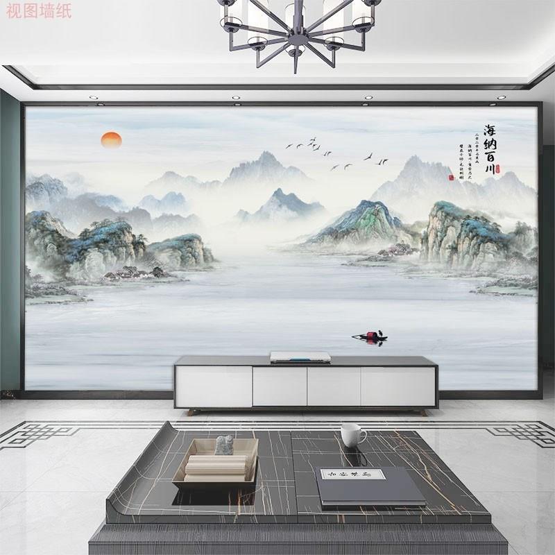 水墨山水电视背景墙壁纸新中式海纳百川客厅墙布影视墙纸自粘贴画