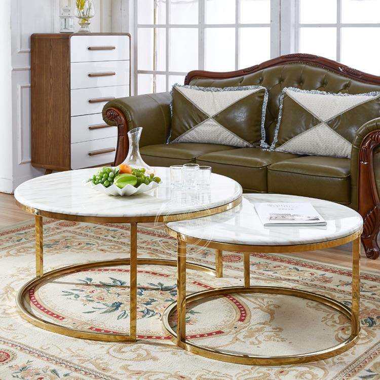 金色现代简约欧式风格大理石高低组合不锈钢圆形茶几一大一小茶桌