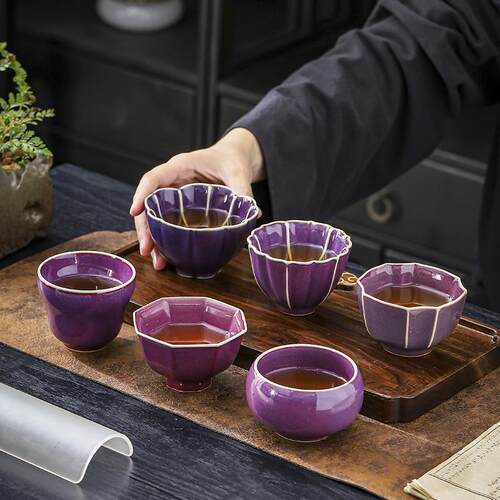 钧窑紫色茶杯五大名窑主人杯功夫茶杯茶盏家用陶瓷茶杯喝茶品茗杯