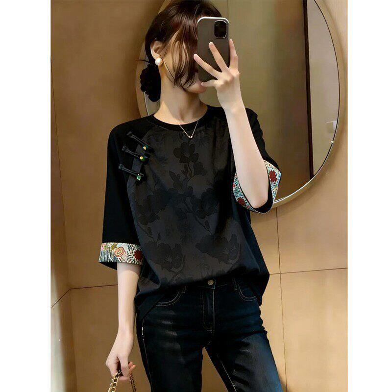 高档时尚新中式国风提花短袖T恤女夏大码高级感气质显瘦休闲上衣