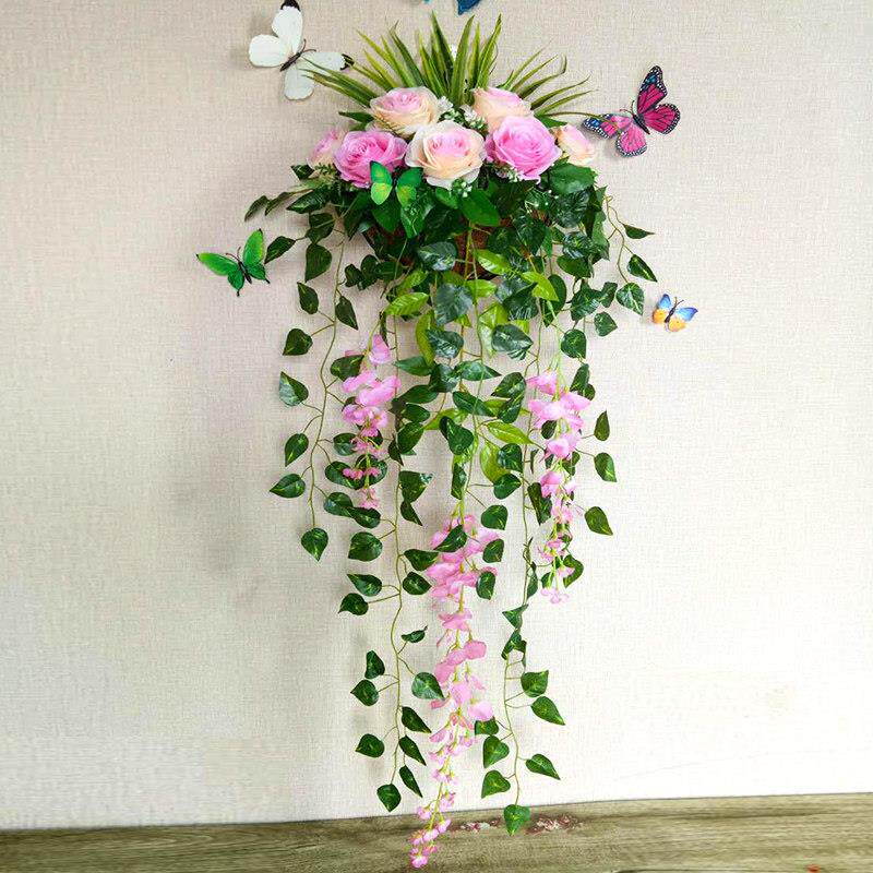 彷真玫瑰花壁挂墙壁挂装饰花篮绢花假花挂件室内墙花盆彷真挂壁花