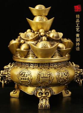 铜制存钱开 盖聚宝盆黄存钱筒家居客厅装饰品办公室店铺全铜摆饰