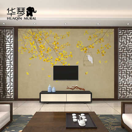 新中式花鸟壁画 银杏叶墙纸 客厅电视背景墙壁纸茶室卧室墙布壁布