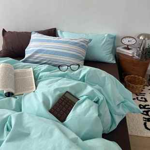 撞色混搭条纹纯棉水洗棉四件套奶油风小清新1.5m1.8全棉床单被套