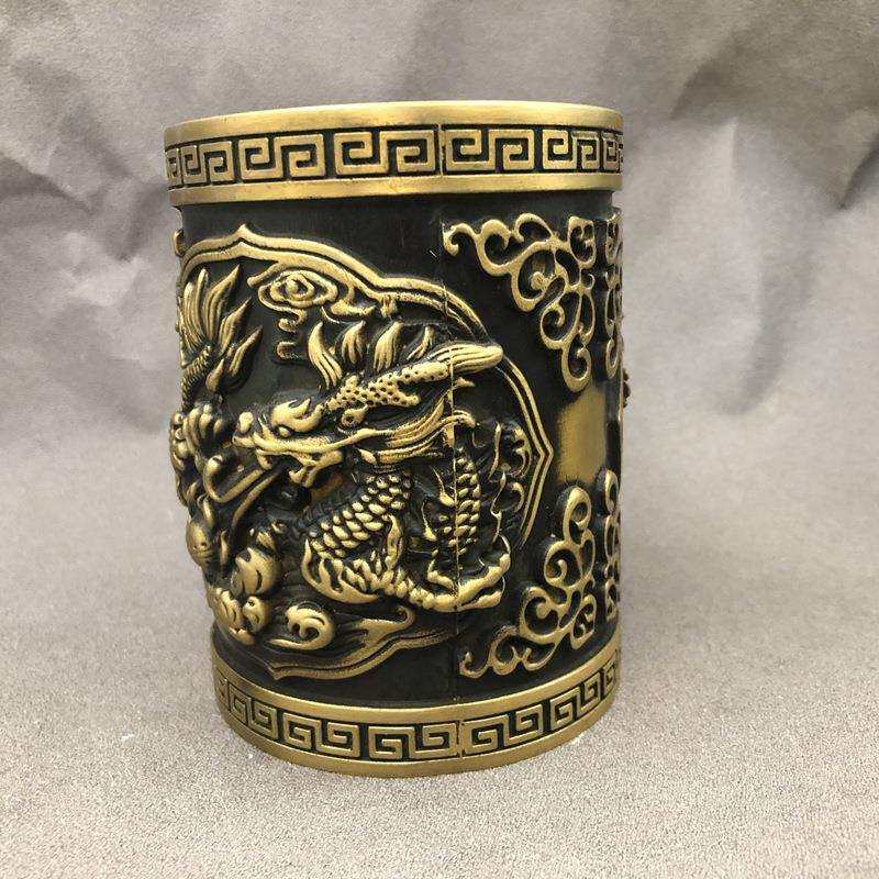 古玩杂项笔筒笔架笔具文房四宝家居工艺摆件双龙书房用品铜器