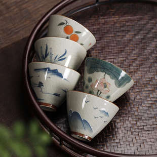 釉下彩手绘哥窑斗笠杯50毫升喝茶品茗杯主人杯潮汕功夫茶具小杯子