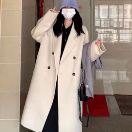 版本婴驼绒端韩版茧型通勤双面羊毛，大衣女中长款毛呢外套