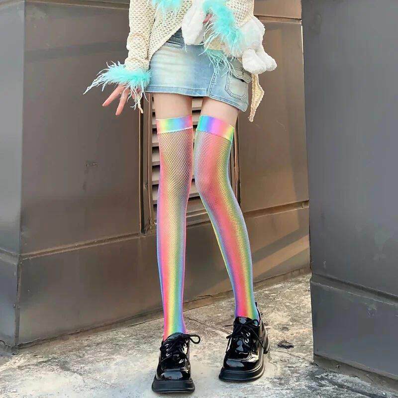 Women Sexy Long Fishnet Rainbow Color Stockings Y2K Niche De - 实物图