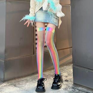 Women Sexy Long Fishnet Rainbow Color Stockings Y2K Niche De