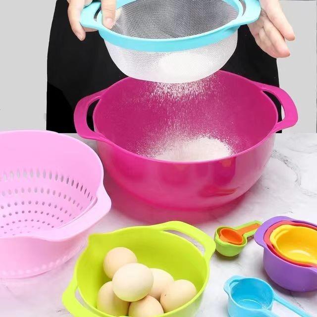 新款直销家用烘焙食品级塑料彩虹量碗果篮沥水篮料理盆粉筛量勺8-