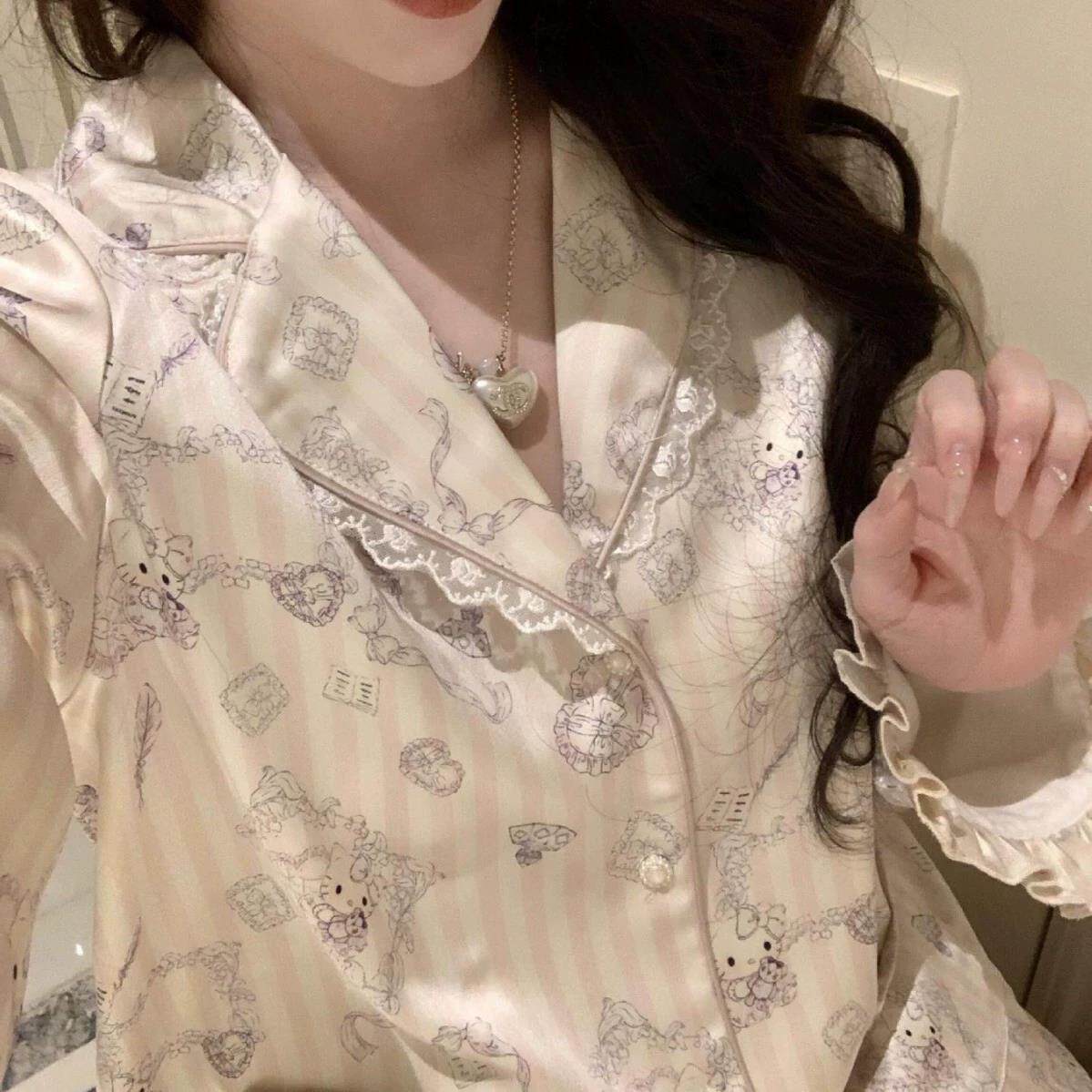 【真丝】睡衣女秋冬2025新款高级感蕾丝花边KT猫长袖家居服两件套