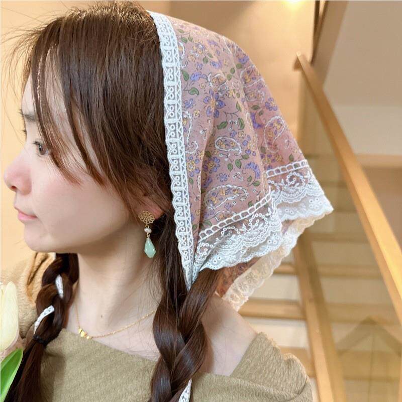 复古碎花丝发饰QSJ布艺方巾春出游头拍照巾包头三角巾女头夏巾饰