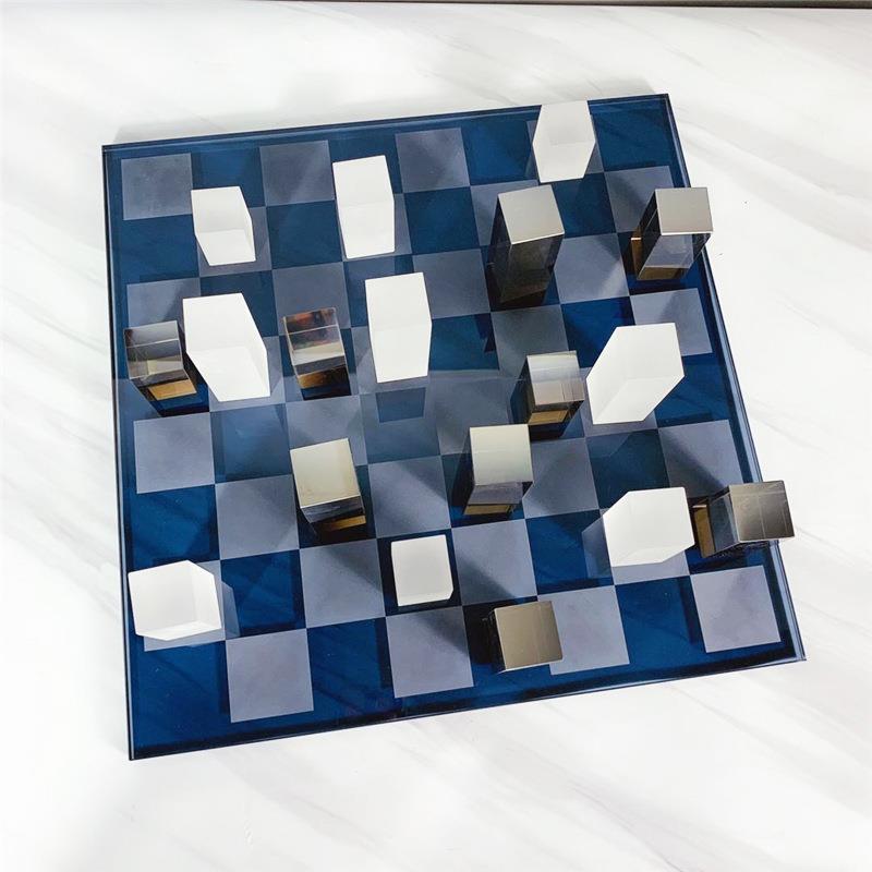 现代简约磨砂电镀水晶玻璃棋盘轻奢软装饰品摆件客厅售楼处软装饰