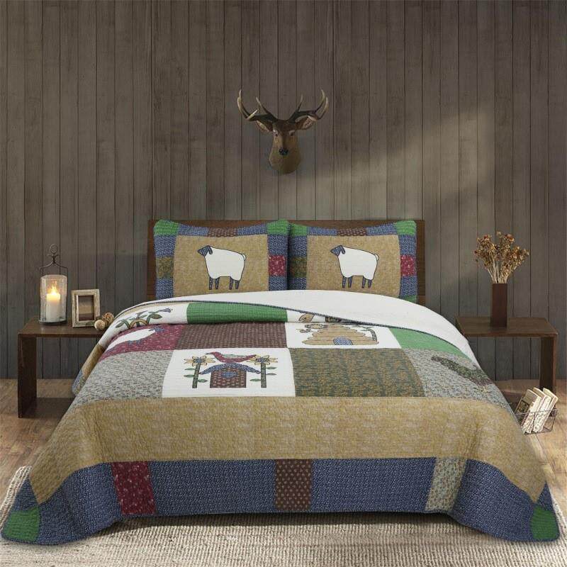 全棉绗缝被三件套跨境欧式床上用品单床拼接卡通小羊印花床盖被子