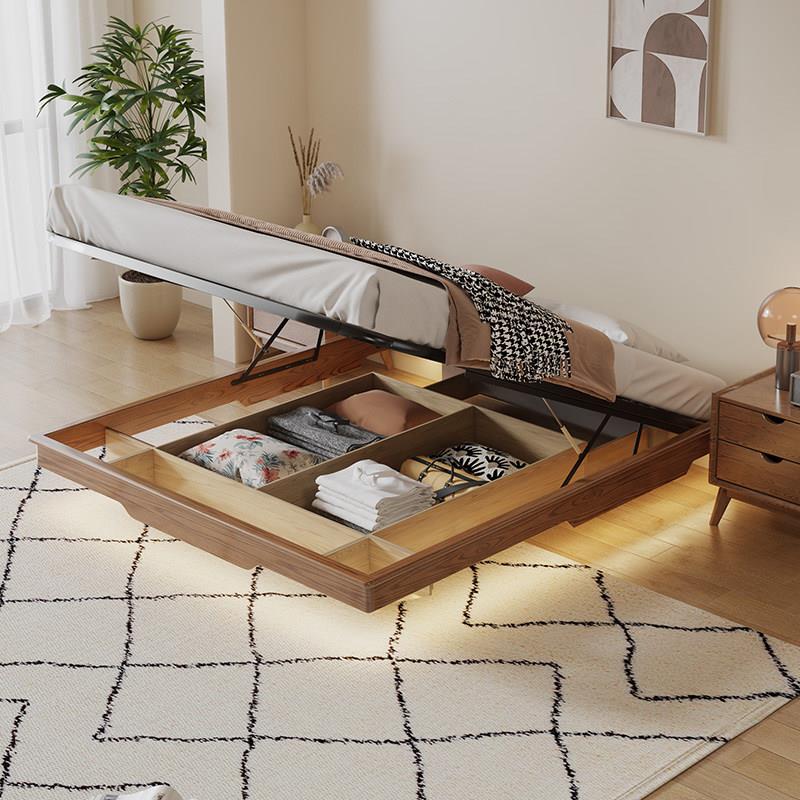 北欧全实木无床头悬浮箱体床现代简约齐边可储物收纳高箱床白蜡木