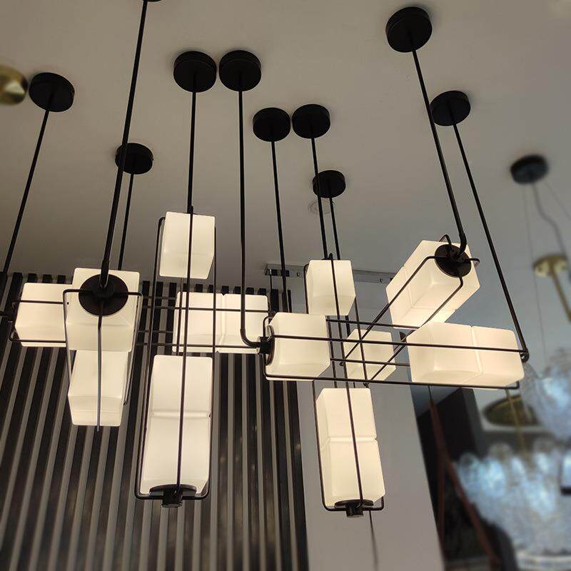 新中式设计师魔方吊灯长条玻璃罩盒子轻奢餐厅吧台大厅大堂吊灯具
