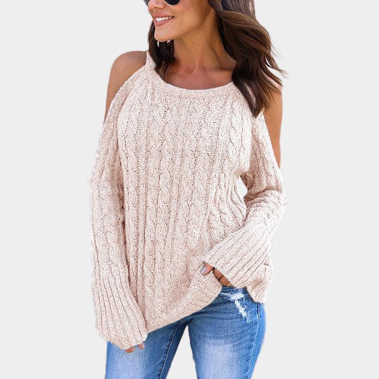 Womens knitted sweater tops round neck long sleeves halter