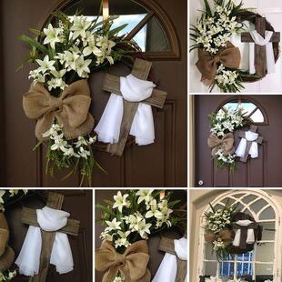 跨境 Easter Wreath with Cross复活节兔子花环门挂装饰