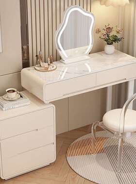 奶GSD油风岩板小户室妆台床头柜一体网红伸缩化妆梳卧轻奢台现代