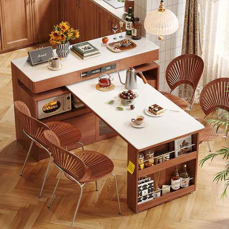 木宫匠粉丝岛台餐桌伸缩一体中古风小户型家用多功能实木旋转吧台