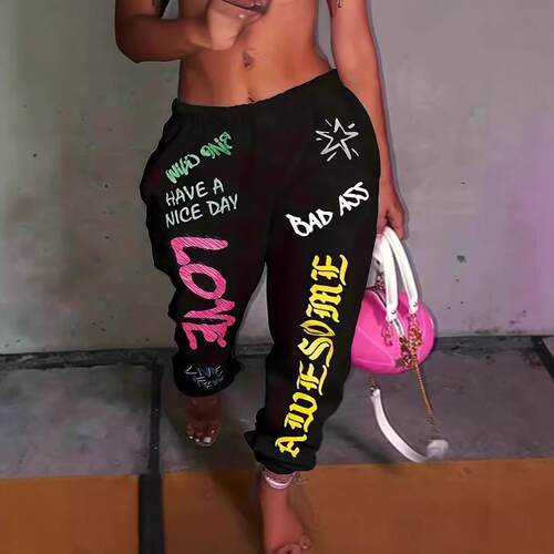 Women's Thick Fleece Jogger Pants Graffiti Letter Print