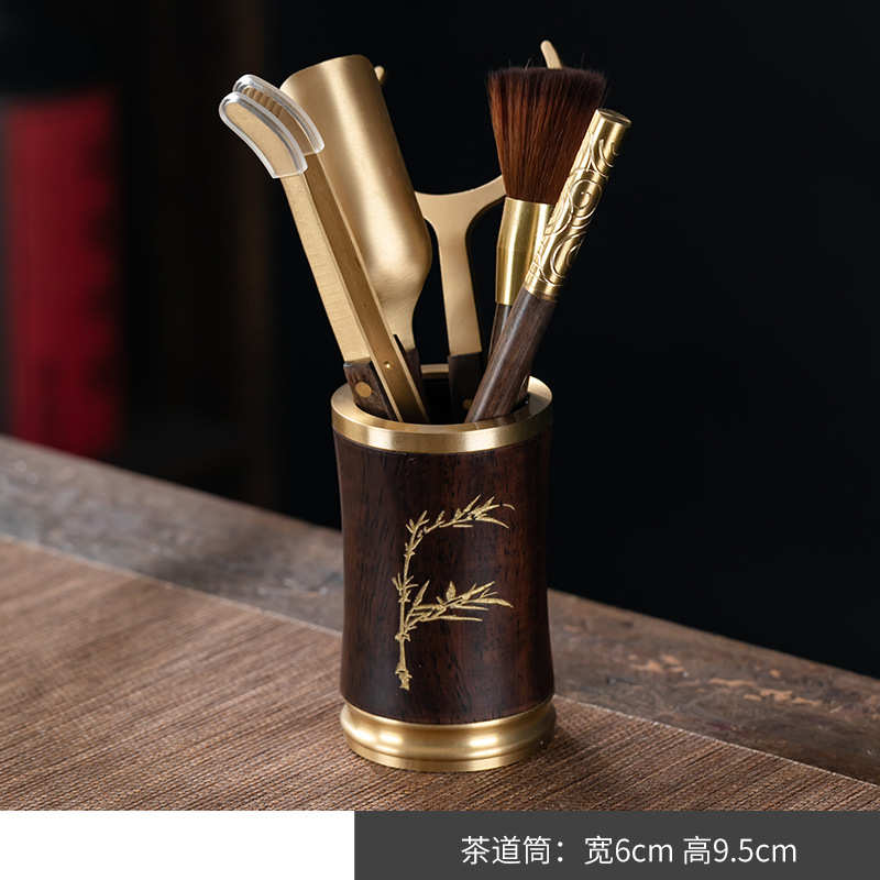铜木茶道六君子高级纯铜黑檀木茶道茶艺配件整套茶夹茶勺茶针茶筒