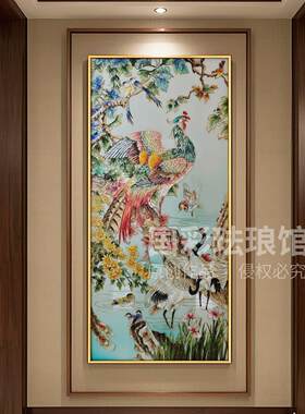 珐琅彩装饰画新中式客厅玄关过道走廊挂画轻奢高级感壁画百鸟朝凤