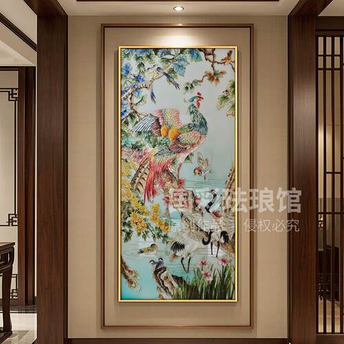 珐琅彩装饰画新中式客厅玄关过道走廊挂画轻奢高级感壁画百鸟朝凤