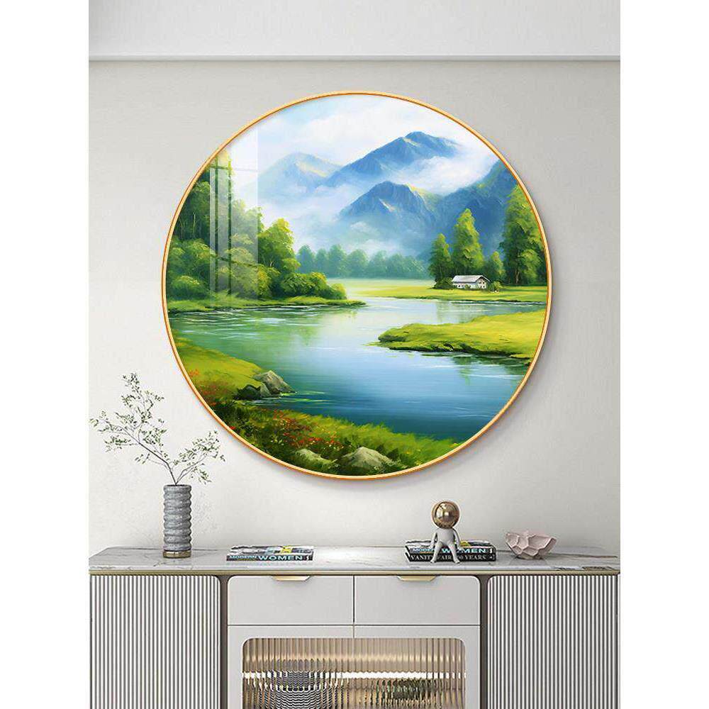 山水画青山绿水挂画玄关客餐厅走廊过道圆形装饰画背有靠山风景画
