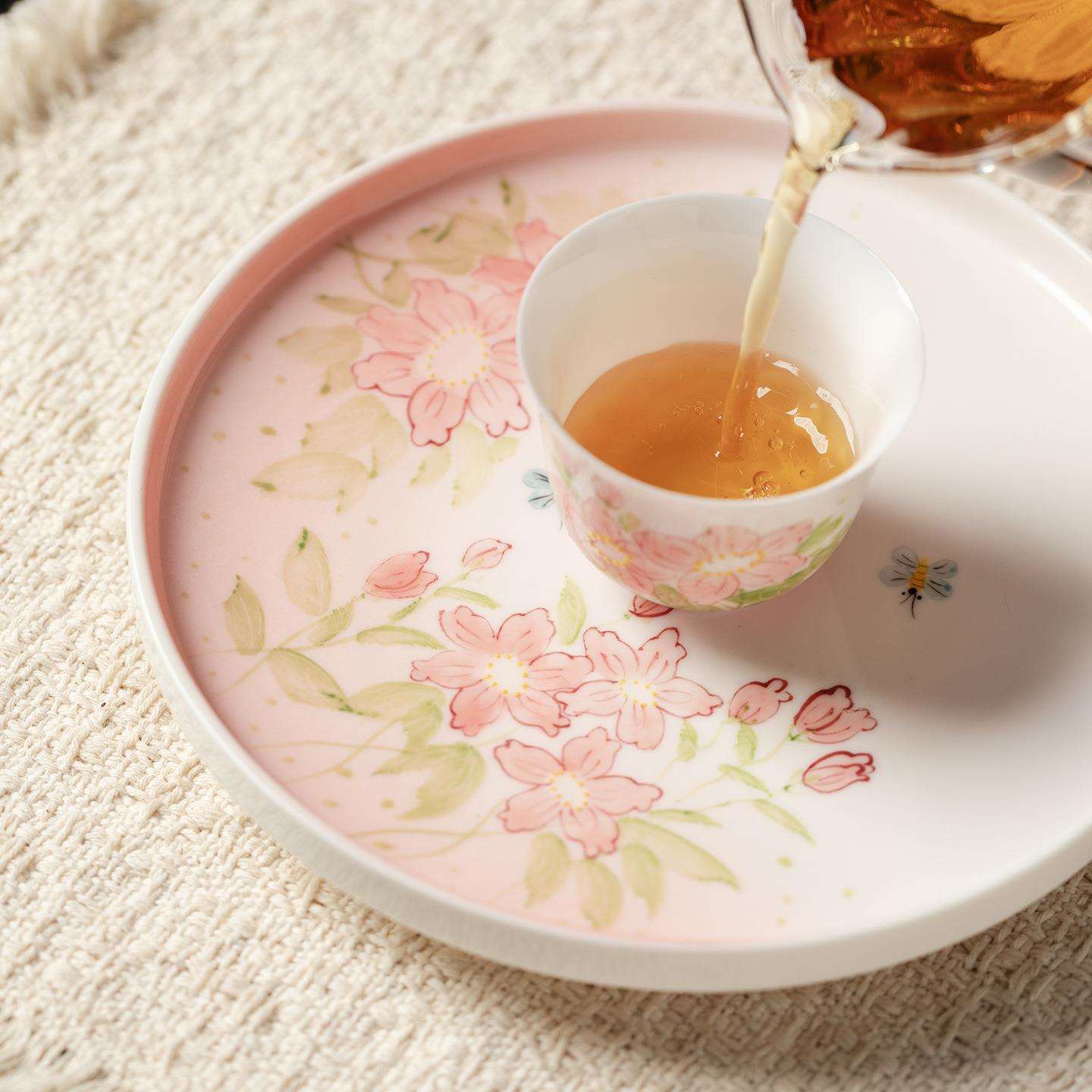 弥言纯手绘蜂悠花丛陶瓷壶承家用圆形干泡盘渐变茶盘茶点盘小茶台